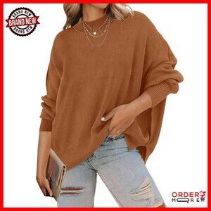 Oversized Ribbed Knit Pullover Sweater Long Sleeve Side Slit Tunic